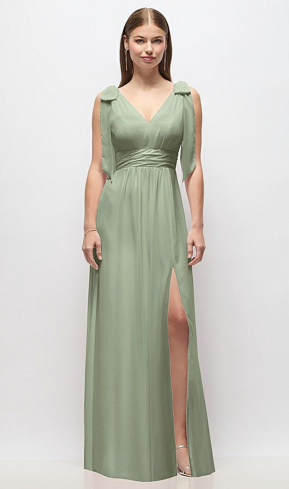 Front View - Sage Plunge Neckline Bow Shoulder Empire Waist Chiffon Maxi Dress
