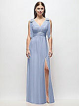 Front View Thumbnail - Sky Blue Plunge Neckline Bow Shoulder Empire Waist Chiffon Maxi Dress
