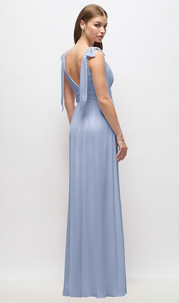 Back View - Sky Blue Plunge Neckline Bow Shoulder Empire Waist Chiffon Maxi Dress