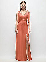 Front View Thumbnail - Terracotta Copper Plunge Neckline Bow Shoulder Empire Waist Chiffon Maxi Dress