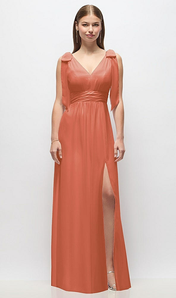 Front View - Terracotta Copper Plunge Neckline Bow Shoulder Empire Waist Chiffon Maxi Dress