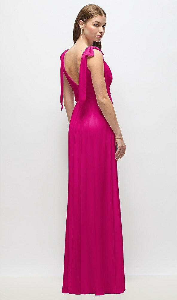 Back View - Think Pink Plunge Neckline Bow Shoulder Empire Waist Chiffon Maxi Dress