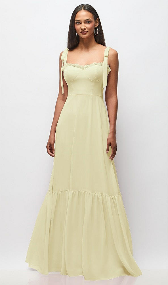 Front View - Butter Yellow Tie-Shoulder Bustier Bodice Ruffle-Hem Maxi Dress