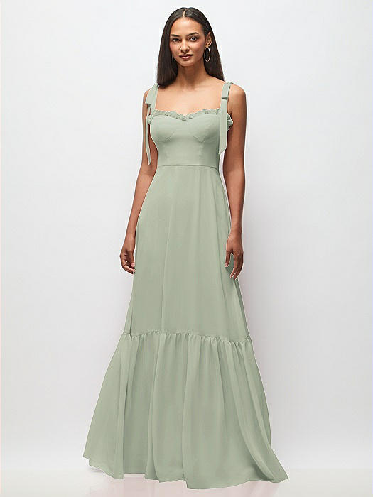 Tie-Shoulder Bustier Bodice Ruffle-Hem Maxi Dress
