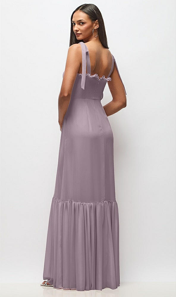 Back View - Lilac Dusk Tie-Shoulder Bustier Bodice Ruffle-Hem Maxi Dress