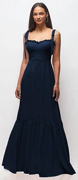 Tie-Shoulder Bustier Bodice Ruffle-Hem Maxi Dress