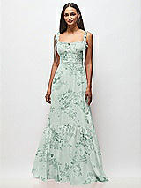 Front View Thumbnail - Mint Green Floral Tie-Shoulder Bustier Bodice Ruffle-Hem Maxi Dress