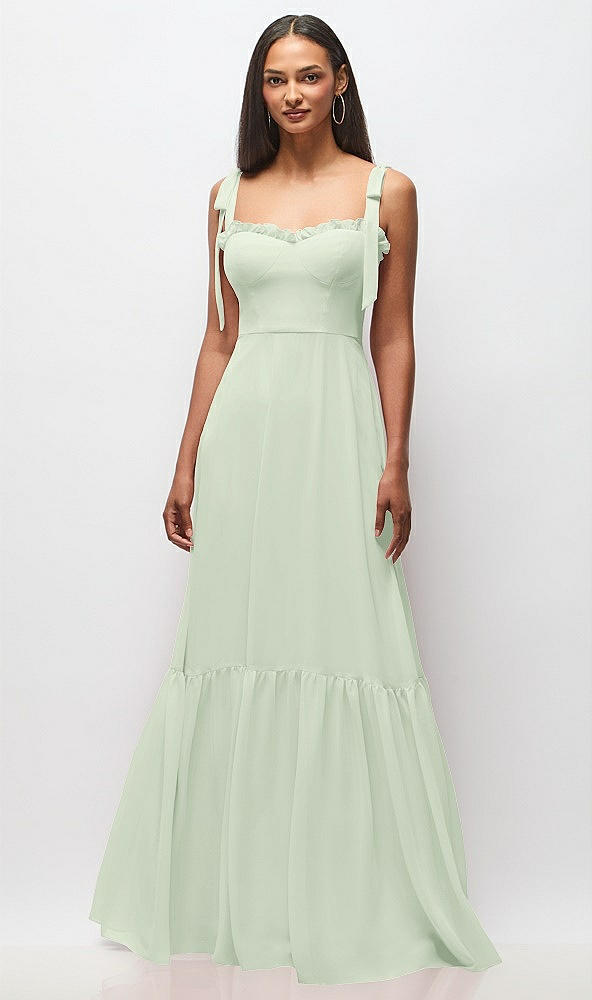 Front View - Mint Green Tie-Shoulder Bustier Bodice Ruffle-Hem Maxi Dress