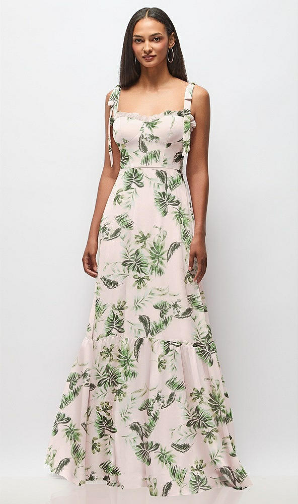 Front View - Palm Beach Print Tie-Shoulder Bustier Bodice Ruffle-Hem Maxi Dress
