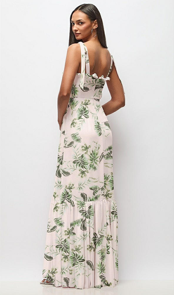 Back View - Palm Beach Print Tie-Shoulder Bustier Bodice Ruffle-Hem Maxi Dress
