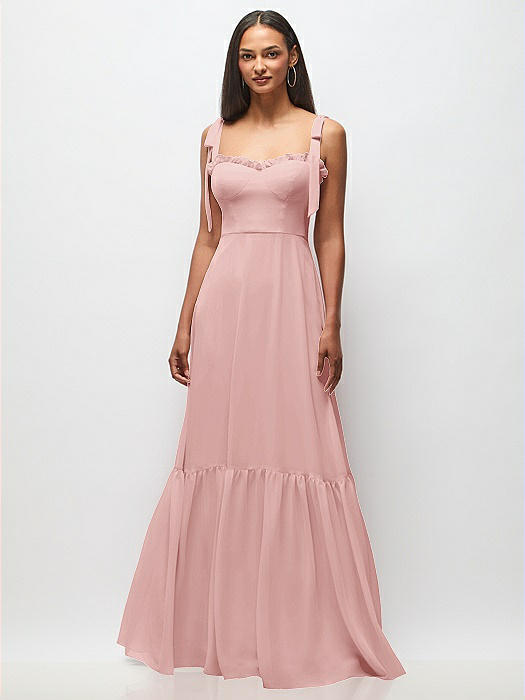 Tie-Shoulder Bustier Bodice Ruffle-Hem Maxi Dress