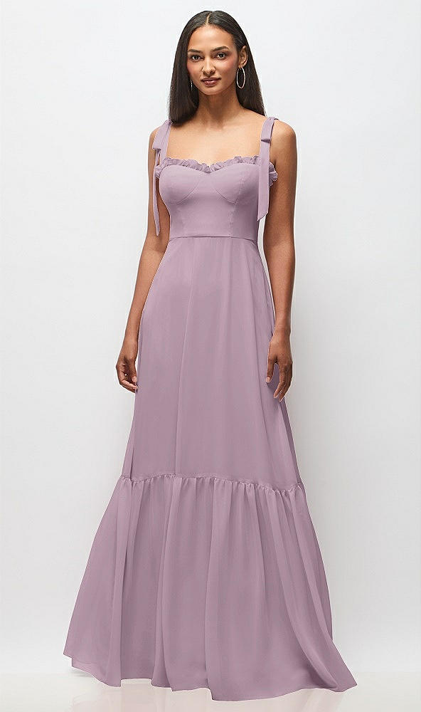 Front View - Suede Rose Tie-Shoulder Bustier Bodice Ruffle-Hem Maxi Dress