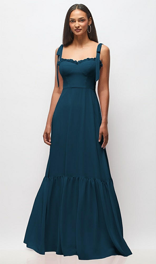 Front View - Atlantic Blue Tie-Shoulder Bustier Bodice Ruffle-Hem Maxi Dress