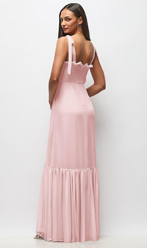 Back View - Ballet Pink Tie-Shoulder Bustier Bodice Ruffle-Hem Maxi Dress
