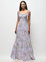 Front View Thumbnail - Butterfly Botanica Silver Dove Tie-Shoulder Bustier Bodice Ruffle-Hem Maxi Dress