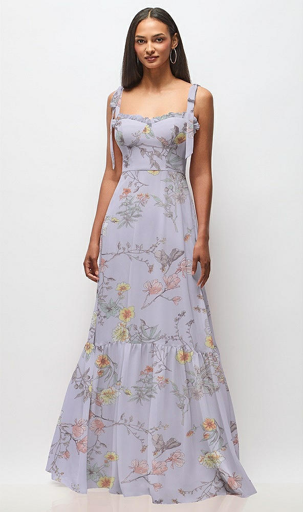 Front View - Butterfly Botanica Silver Dove Tie-Shoulder Bustier Bodice Ruffle-Hem Maxi Dress