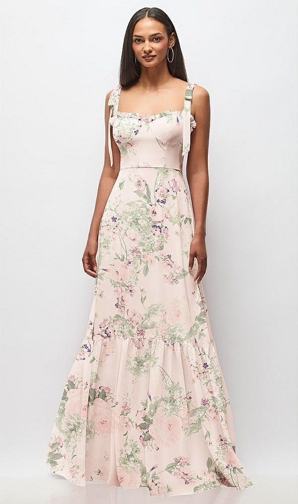 Front View - Blush Garden Tie-Shoulder Bustier Bodice Ruffle-Hem Maxi Dress