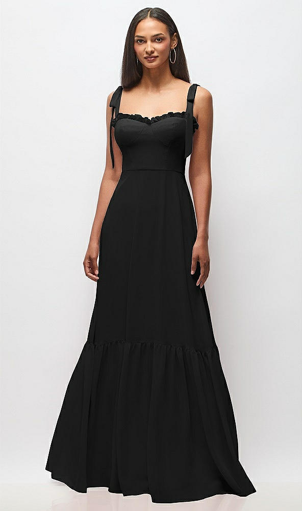 Front View - Black Tie-Shoulder Bustier Bodice Ruffle-Hem Maxi Dress