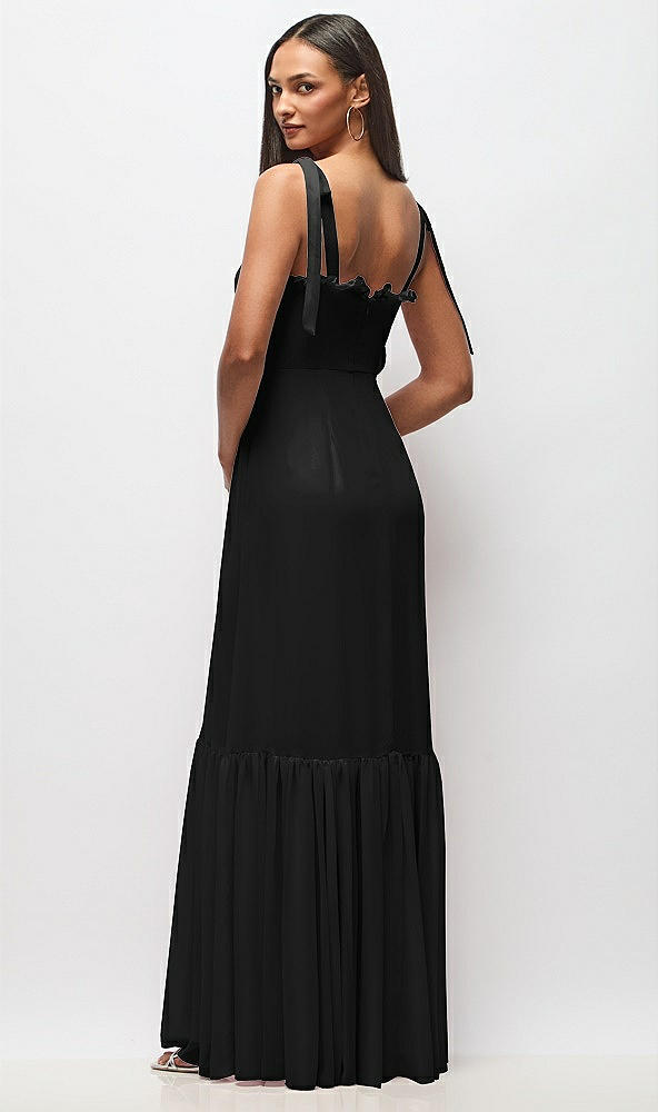 Back View - Black Tie-Shoulder Bustier Bodice Ruffle-Hem Maxi Dress