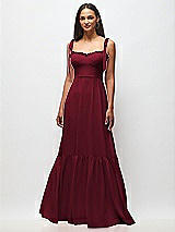 Front View Thumbnail - Burgundy Tie-Shoulder Bustier Bodice Ruffle-Hem Maxi Dress
