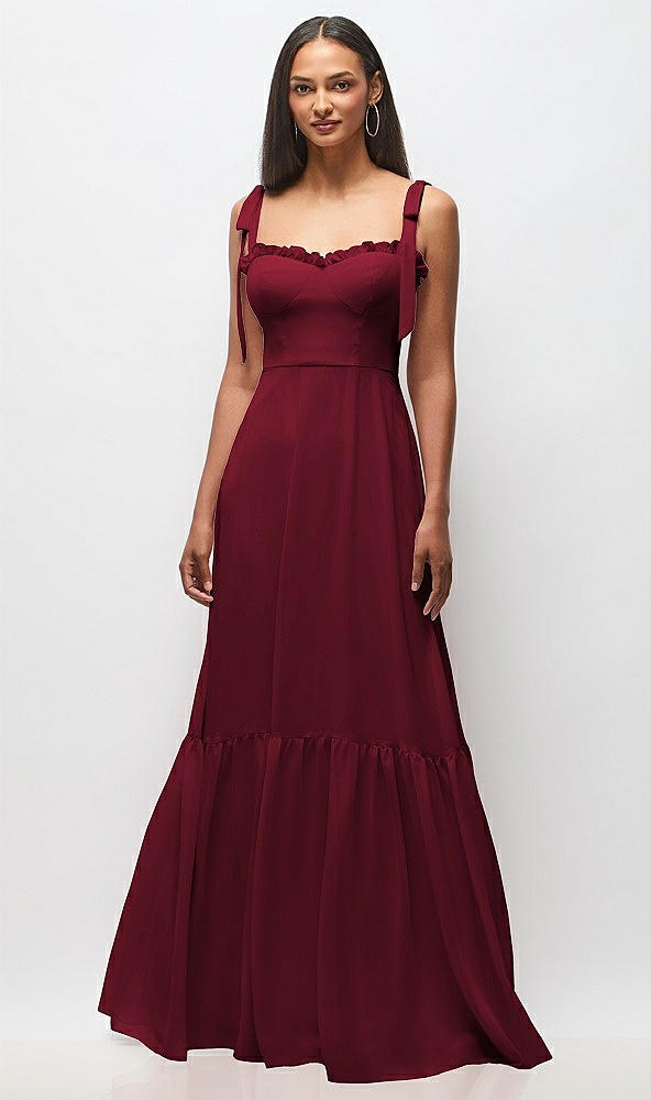 Front View - Burgundy Tie-Shoulder Bustier Bodice Ruffle-Hem Maxi Dress