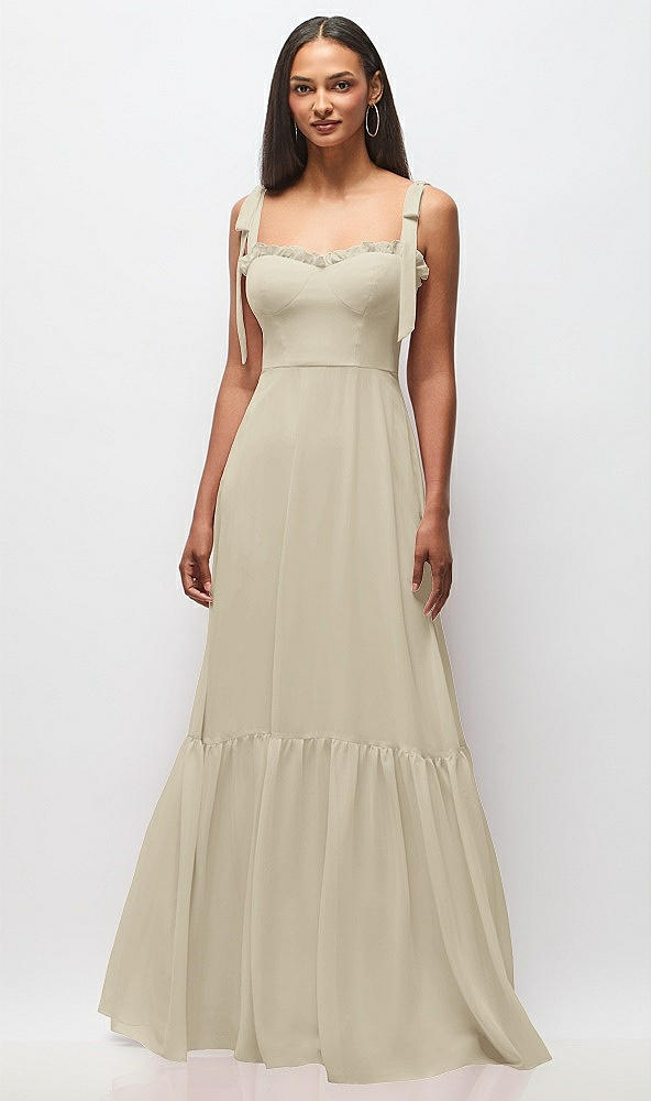 Front View - Champagne Tie-Shoulder Bustier Bodice Ruffle-Hem Maxi Dress