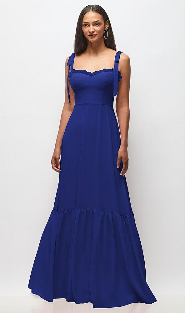 Front View - Cobalt Blue Tie-Shoulder Bustier Bodice Ruffle-Hem Maxi Dress