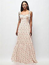 Front View Thumbnail - Coquette Floral Print Tie-Shoulder Bustier Bodice Ruffle-Hem Maxi Dress