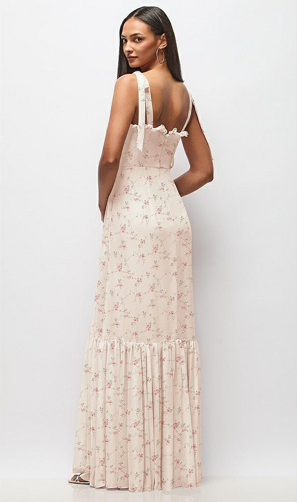 Back View - Coquette Floral Print Tie-Shoulder Bustier Bodice Ruffle-Hem Maxi Dress