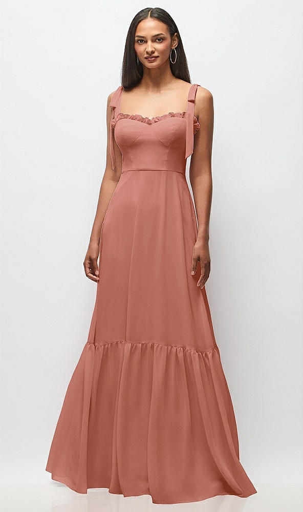 Front View - Desert Rose Tie-Shoulder Bustier Bodice Ruffle-Hem Maxi Dress