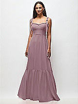 Front View Thumbnail - Dusty Rose Tie-Shoulder Bustier Bodice Ruffle-Hem Maxi Dress