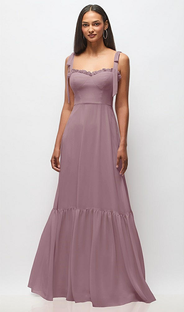 Front View - Dusty Rose Tie-Shoulder Bustier Bodice Ruffle-Hem Maxi Dress