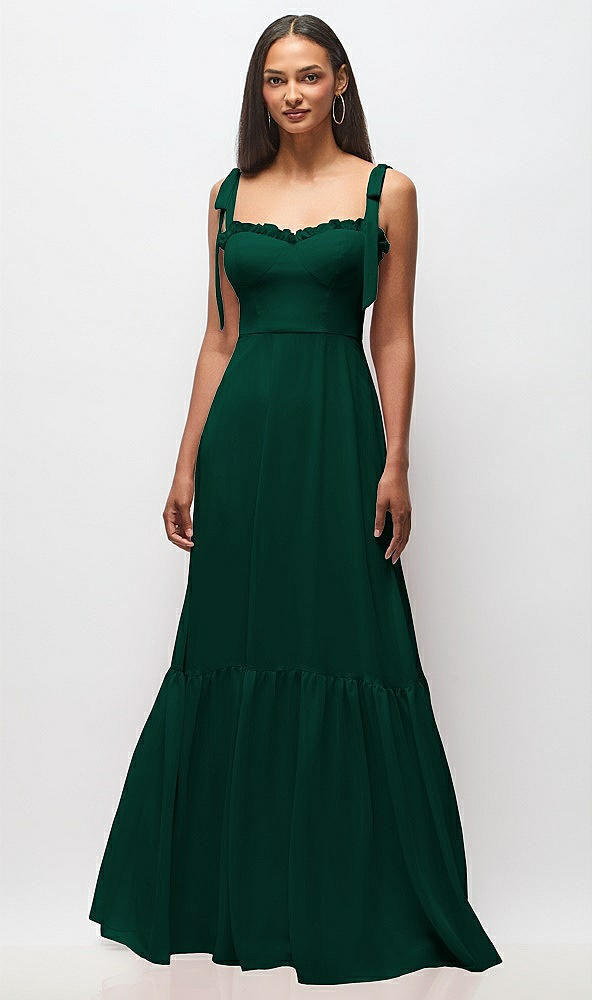 Front View - Hunter Green Tie-Shoulder Bustier Bodice Ruffle-Hem Maxi Dress
