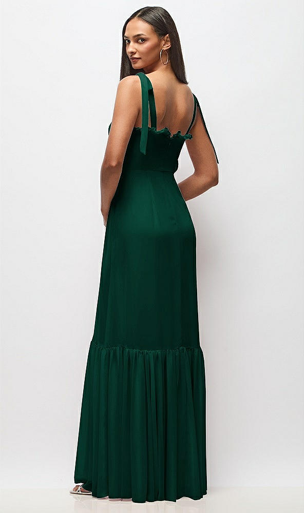 Back View - Hunter Green Tie-Shoulder Bustier Bodice Ruffle-Hem Maxi Dress