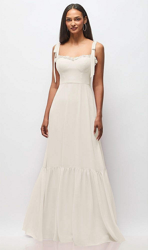 Front View - Ivory Tie-Shoulder Bustier Bodice Ruffle-Hem Maxi Dress