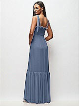 Rear View Thumbnail - Larkspur Blue Tie-Shoulder Bustier Bodice Ruffle-Hem Maxi Dress