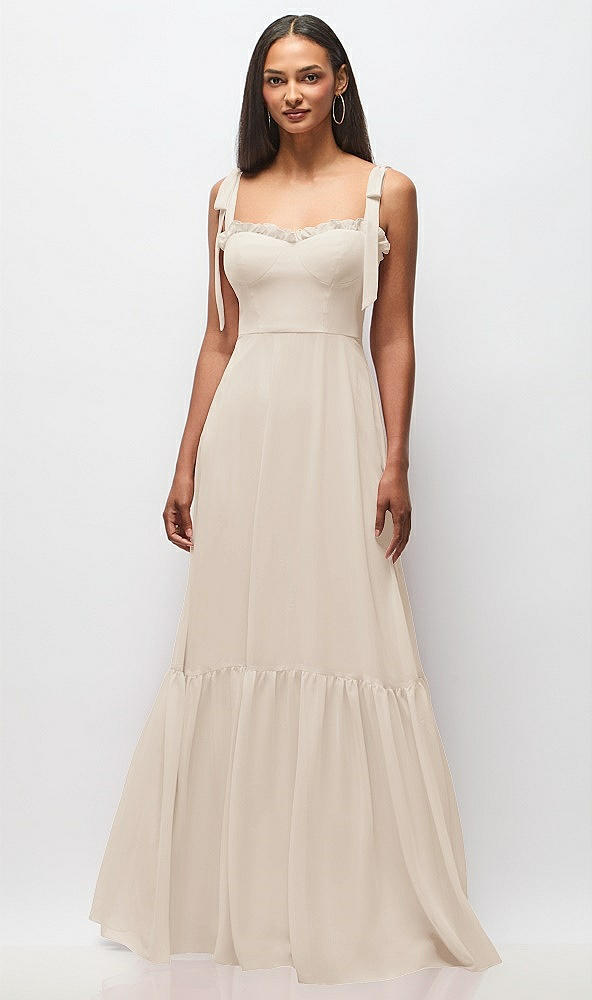 Front View - Oat Tie-Shoulder Bustier Bodice Ruffle-Hem Maxi Dress