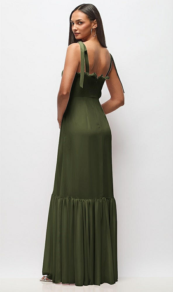 Back View - Olive Green Tie-Shoulder Bustier Bodice Ruffle-Hem Maxi Dress