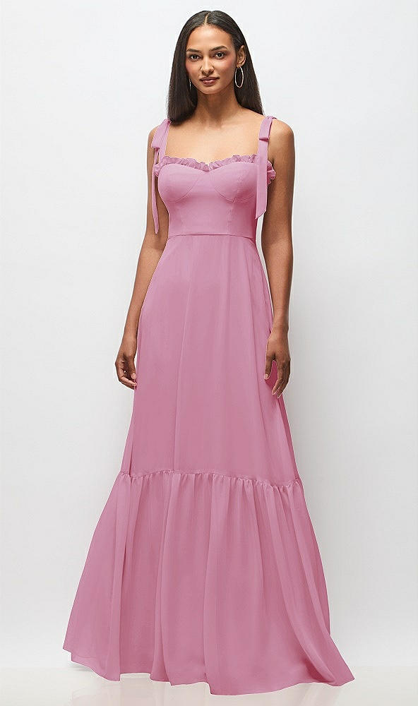 Front View - Powder Pink Tie-Shoulder Bustier Bodice Ruffle-Hem Maxi Dress