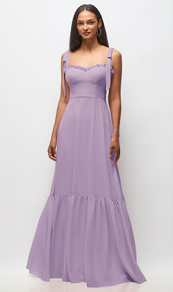 Front View - Pale Purple Tie-Shoulder Bustier Bodice Ruffle-Hem Maxi Dress
