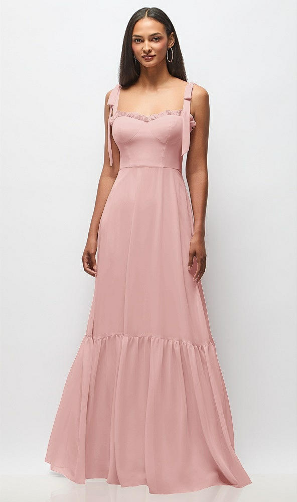 Front View - Rose Tie-Shoulder Bustier Bodice Ruffle-Hem Maxi Dress