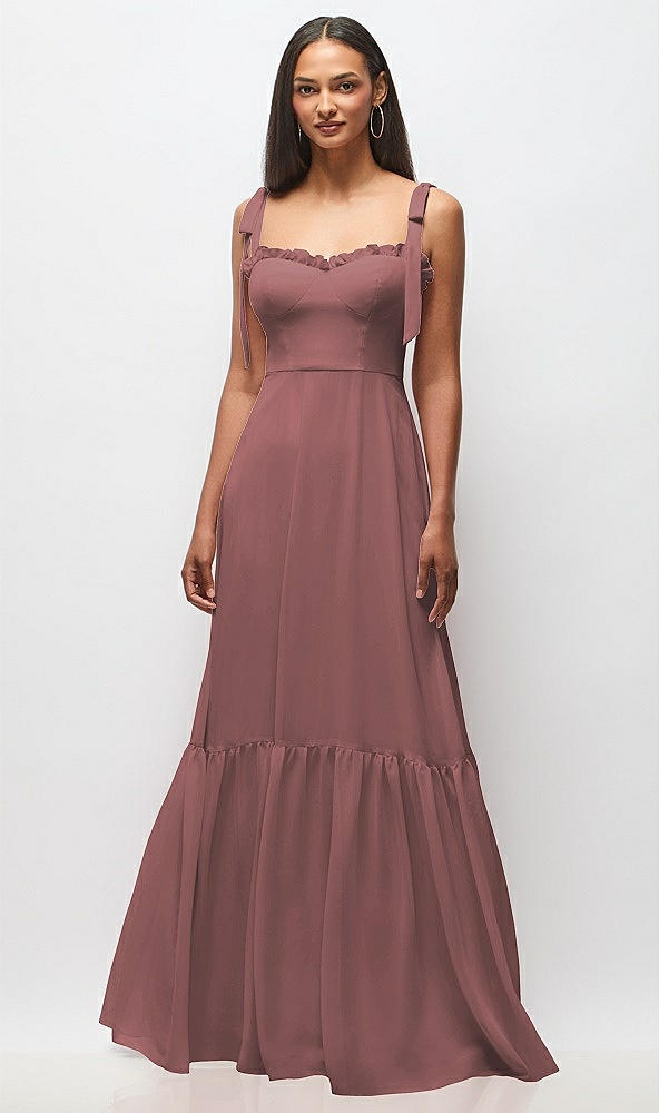 Front View - Rosewood Tie-Shoulder Bustier Bodice Ruffle-Hem Maxi Dress