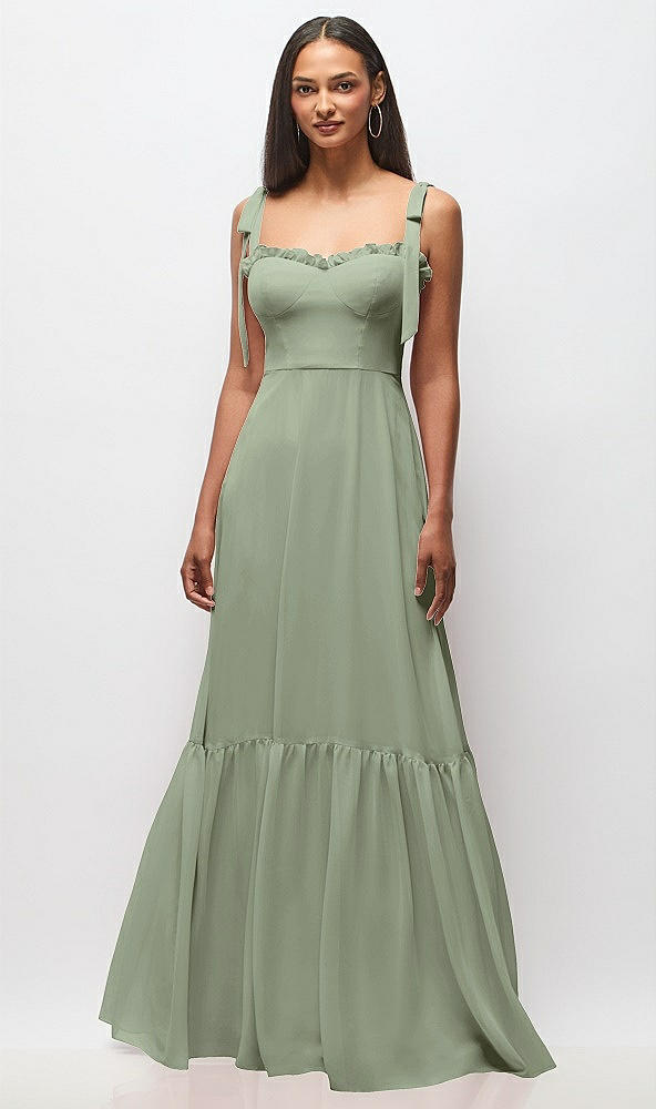 Front View - Sage Tie-Shoulder Bustier Bodice Ruffle-Hem Maxi Dress
