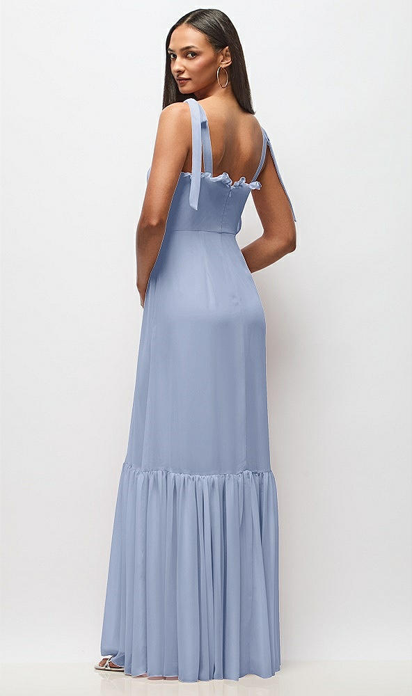 Back View - Sky Blue Tie-Shoulder Bustier Bodice Ruffle-Hem Maxi Dress