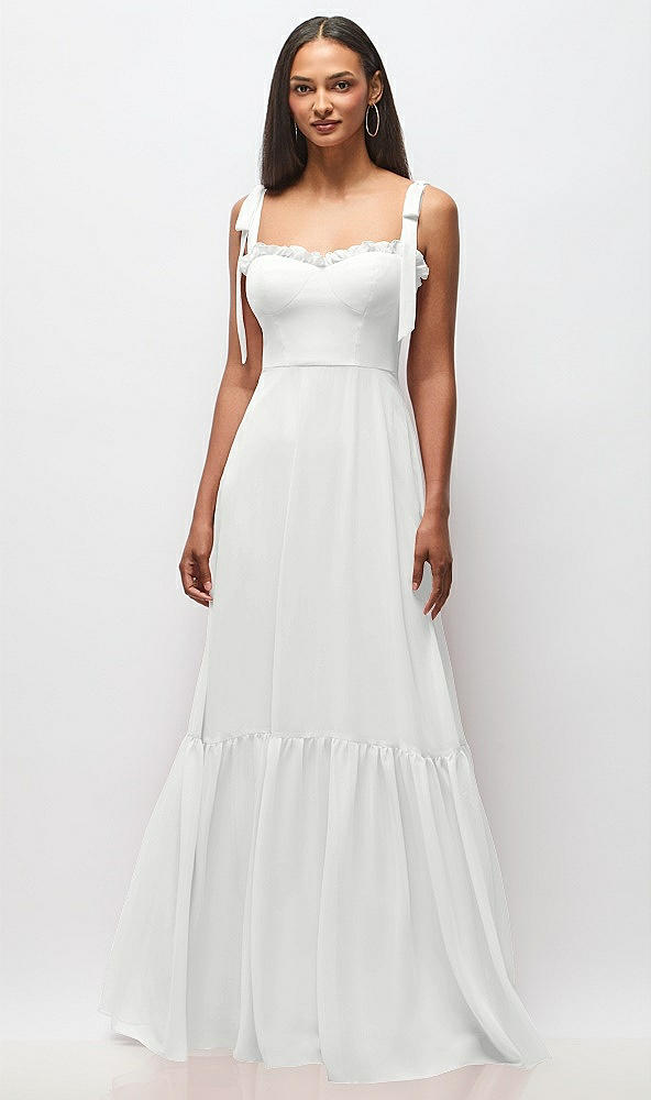 Front View - White Tie-Shoulder Bustier Bodice Ruffle-Hem Maxi Dress