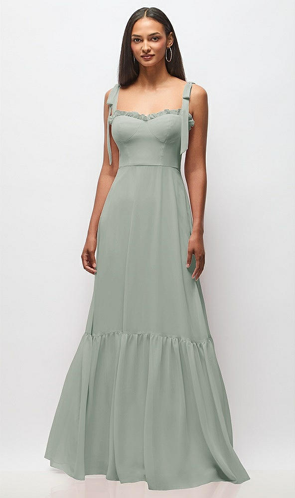 Front View - Willow Green Tie-Shoulder Bustier Bodice Ruffle-Hem Maxi Dress