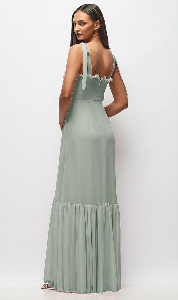 Back View - Willow Green Tie-Shoulder Bustier Bodice Ruffle-Hem Maxi Dress