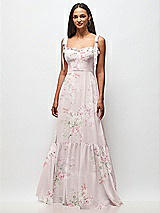 Front View Thumbnail - Watercolor Print Tie-Shoulder Bustier Bodice Ruffle-Hem Maxi Dress