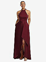 Front View Thumbnail - Cabernet High-Neck Tie-Back Halter Cascading High Low Maxi Dress