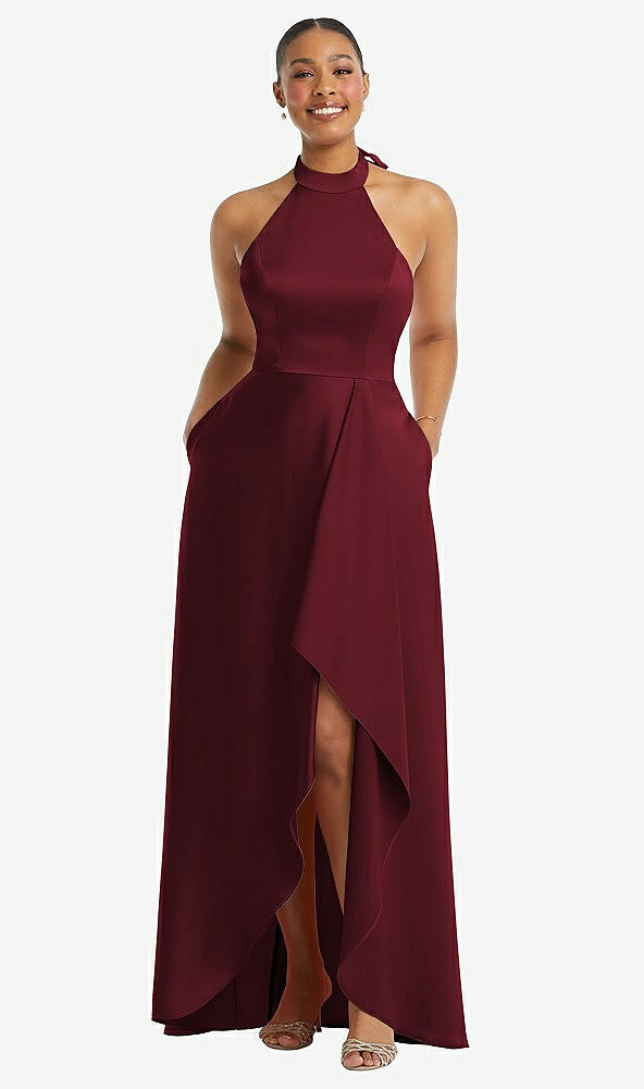 Front View - Cabernet High-Neck Tie-Back Halter Cascading High Low Maxi Dress